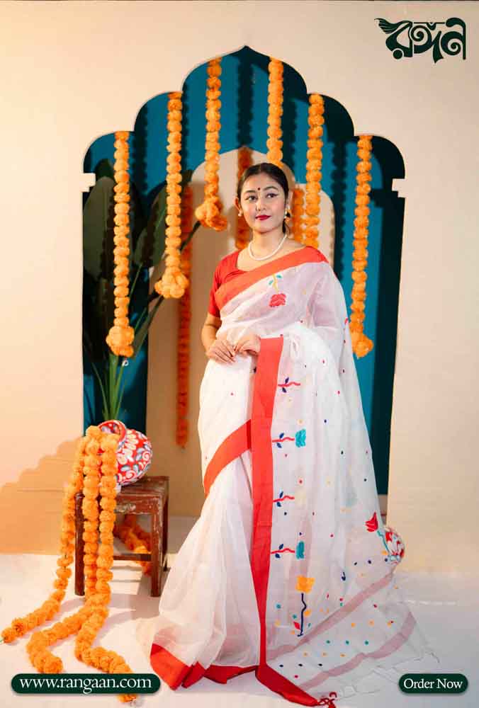 White & Red Handloom Half-Silk Saree