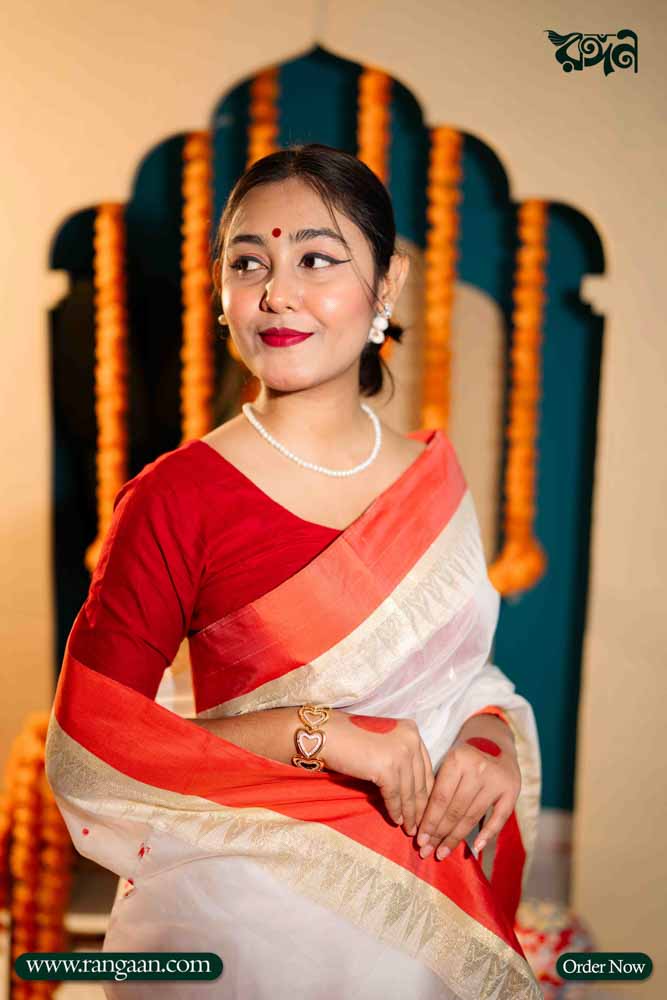 White & Red Handloom Half-Silk Saree