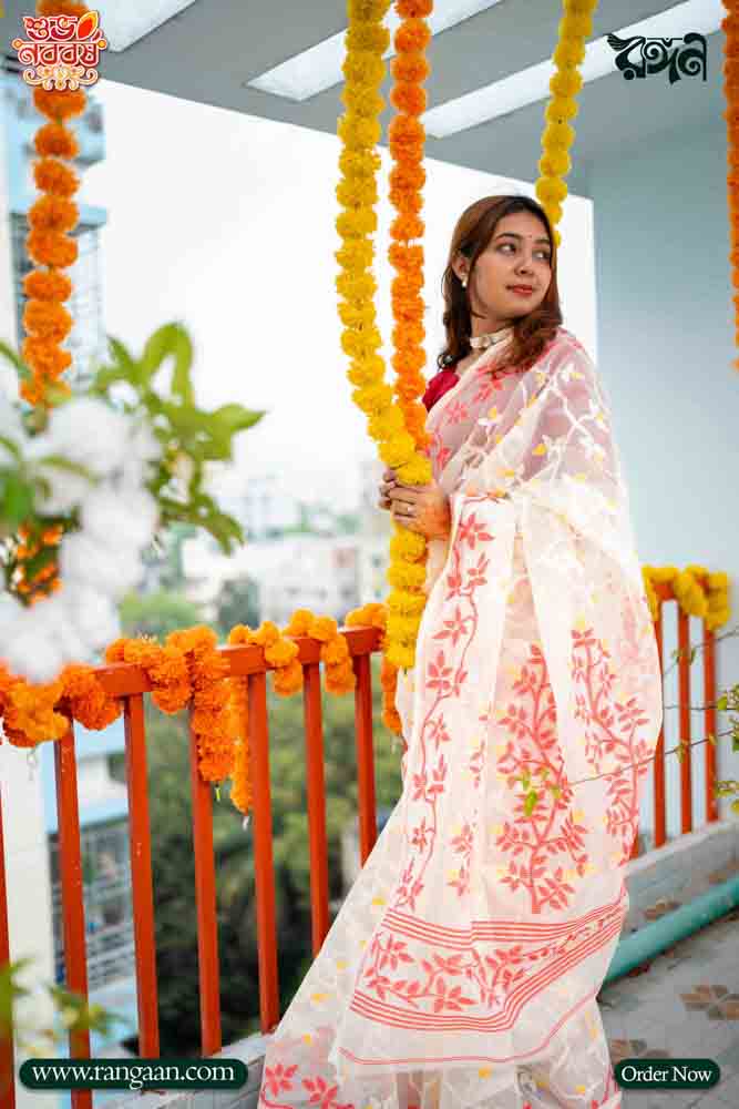 White & Red Rashom-Silk Premium Saree