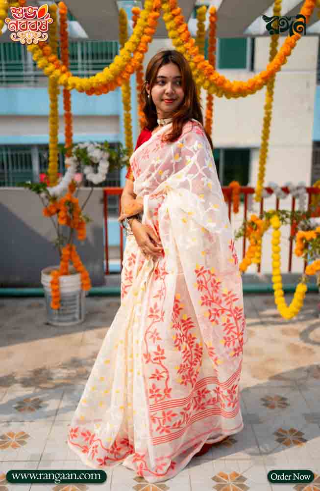 White & Red Rashom-Silk Premium Saree