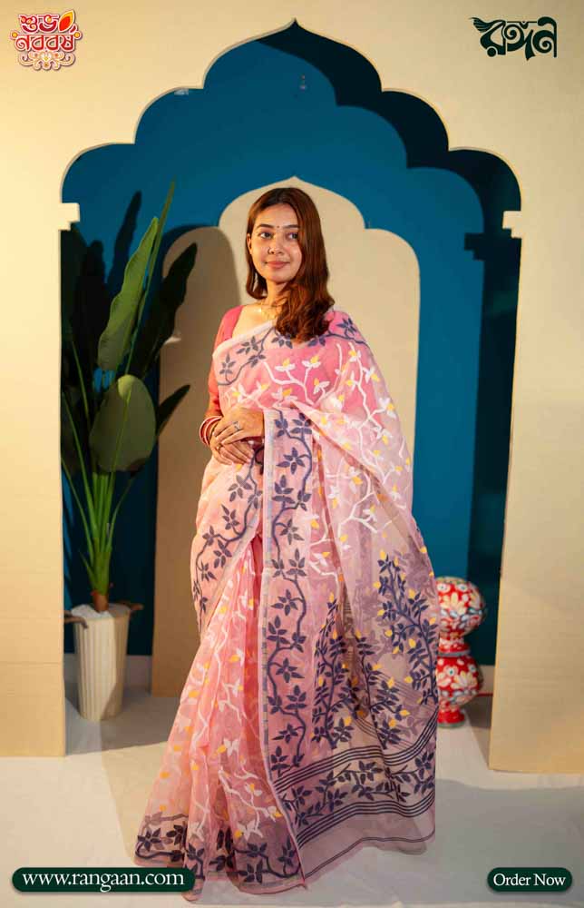 Baby Pink Colour Rashom-Silk Premium Tantuj Saree