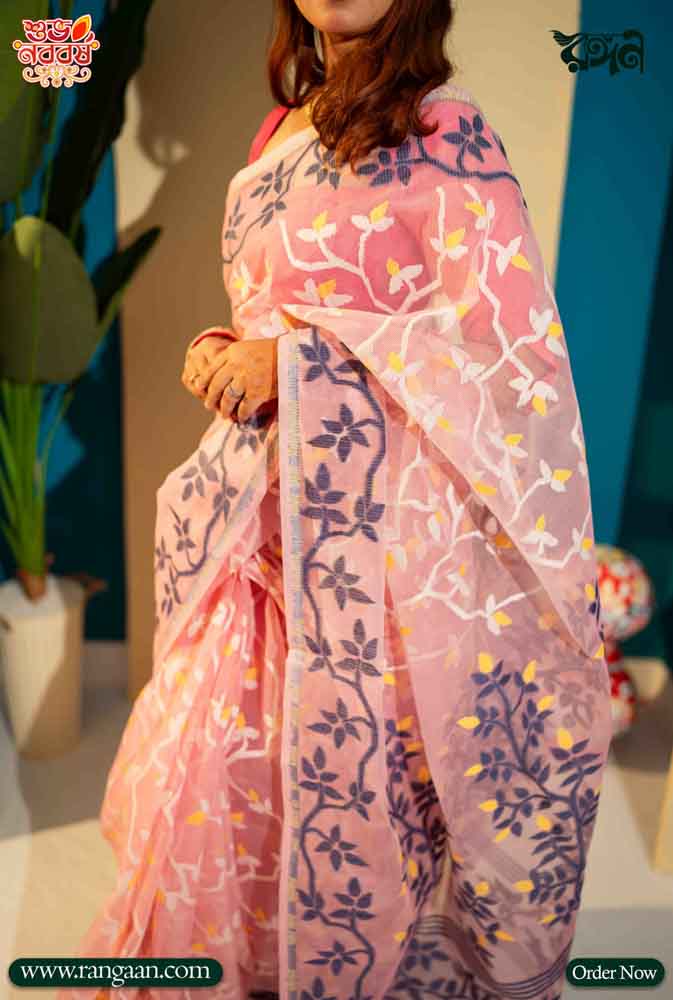 Baby Pink Colour Rashom-Silk Premium Tantuj Saree
