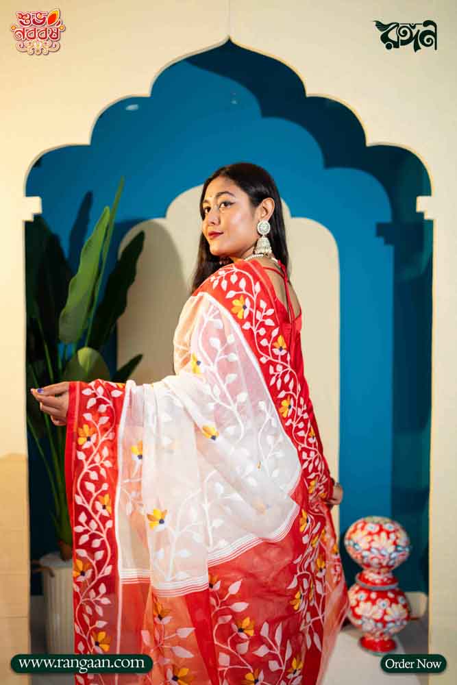 White&Red Colour Rashom-Silk Premium Tantuj Saree
