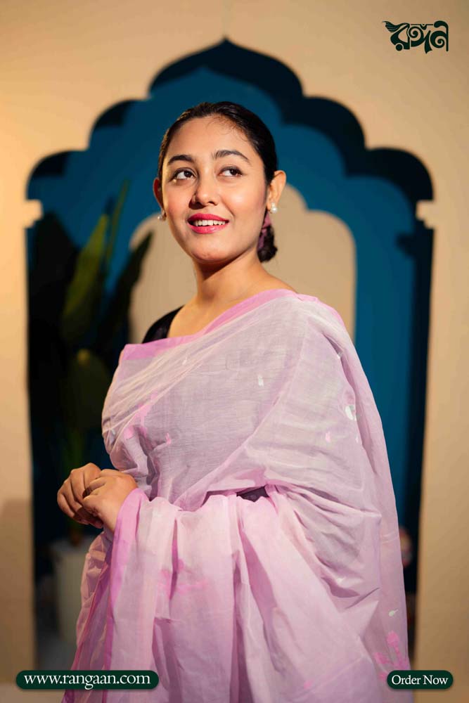 Light-Pink Pure Cotton Handloom Jamdani Saree