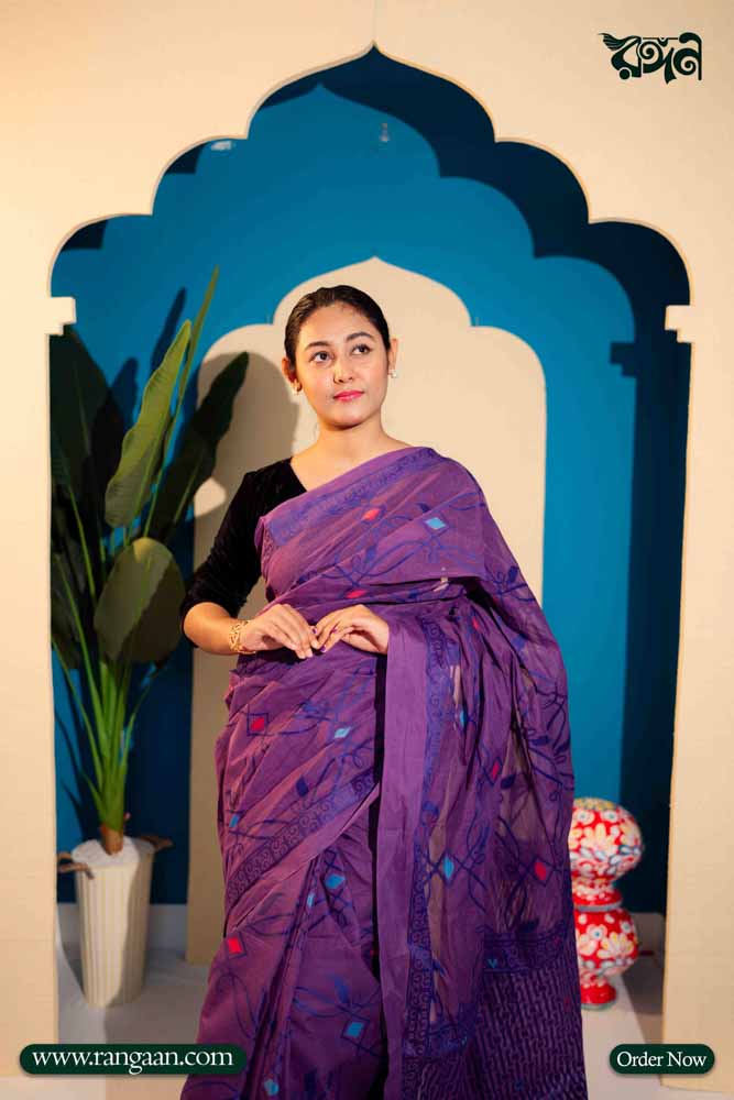 Violet Colour Pure Cotton Tantuj  Saree
