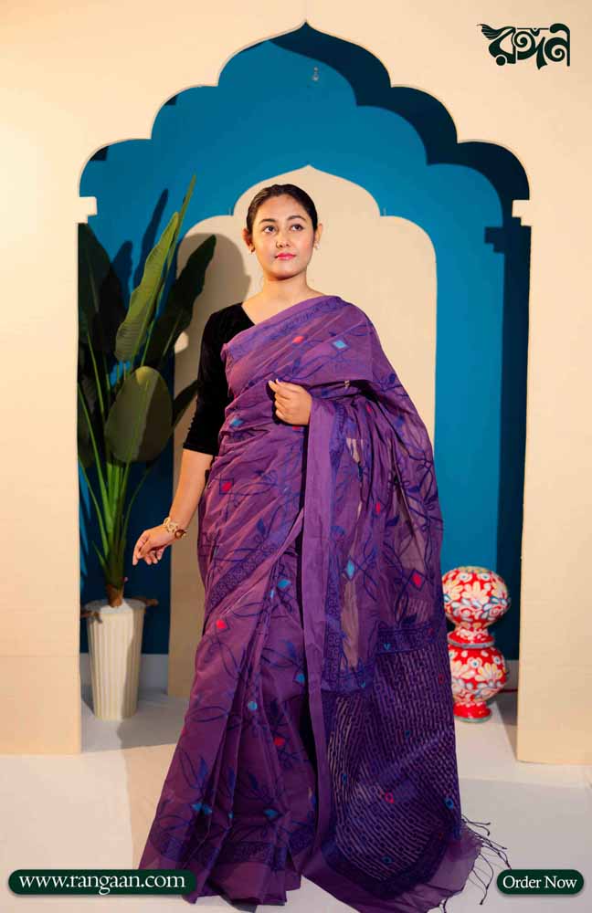 Violet Colour Pure Cotton Tantuj  Saree