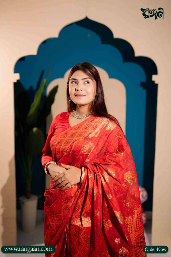 Red Colour Digital Print Pure Cotton Saree