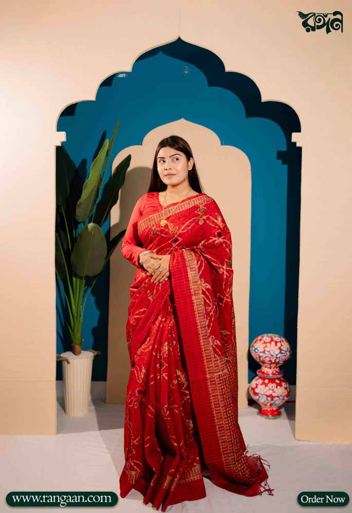 Red Colour Digital Print Pure Cotton Saree