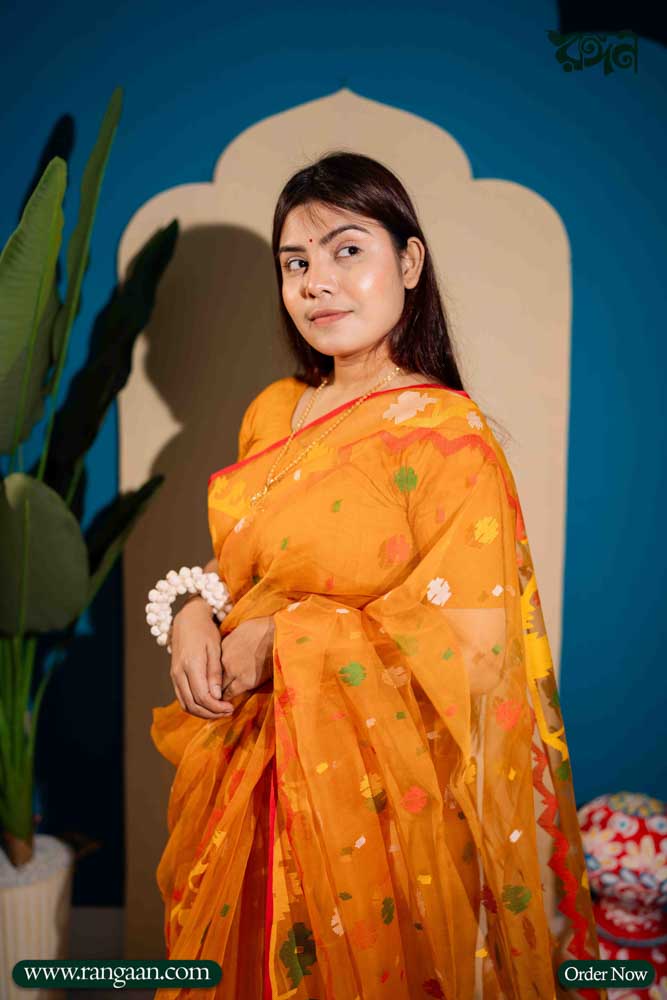 Mustard Yellow Colour Rashom-Silk Handloom Pure Jamdani Saree