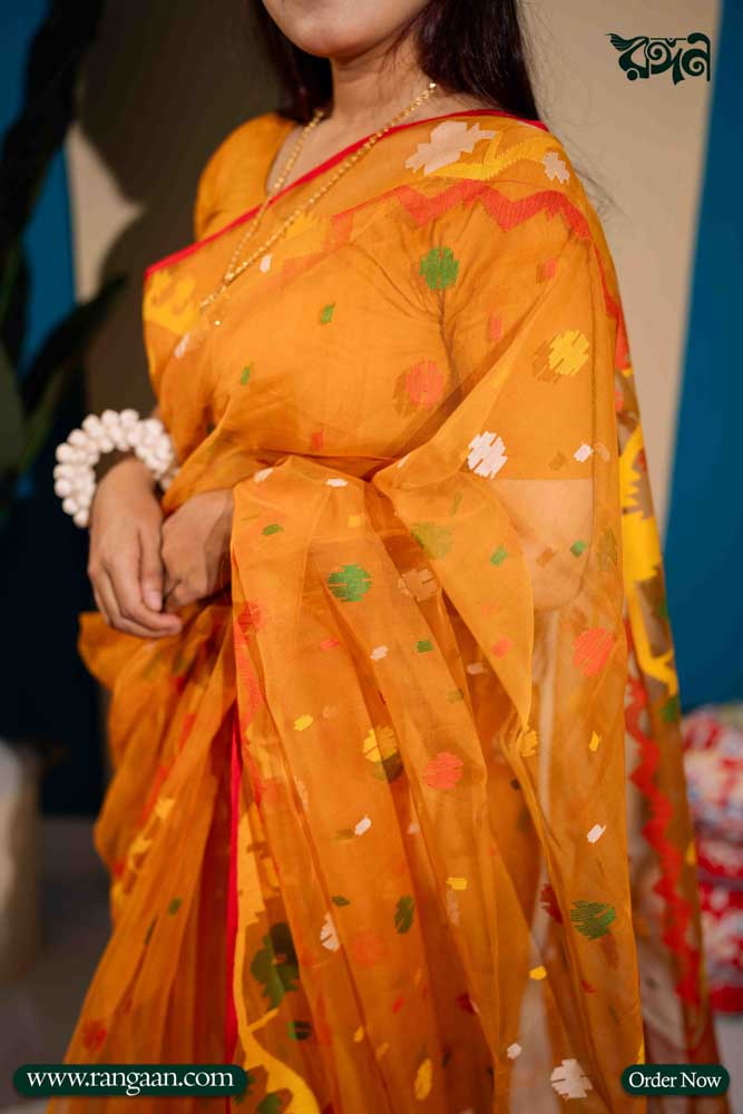Mustard Yellow Colour Rashom-Silk Handloom Pure Jamdani Saree
