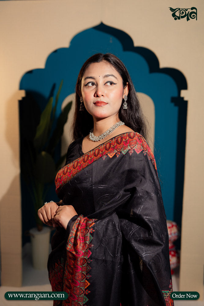 Black Colour Ajrakh Printed Silk Saree