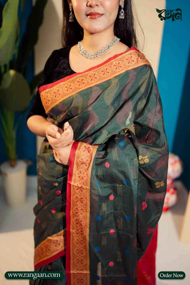 Deep Green Mercerized Cotton Saree