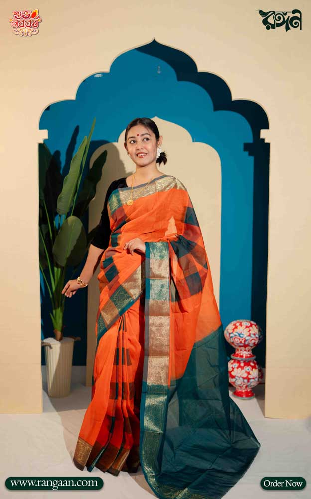Orange Mercerized Cotton Saree