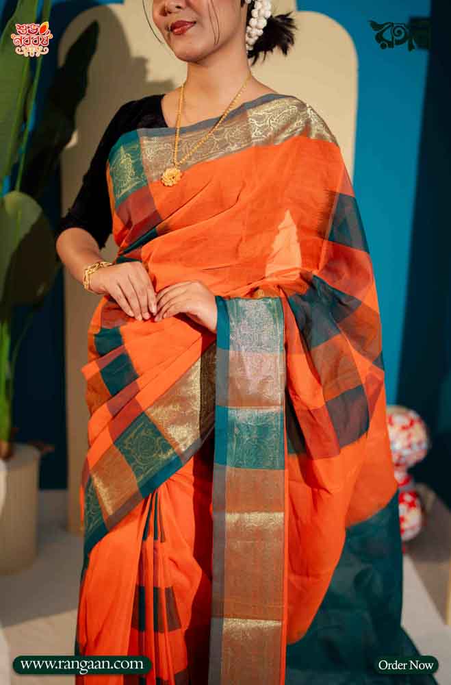 Orange Mercerized Cotton Saree