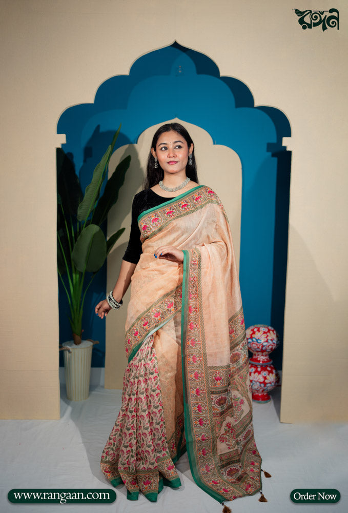 Cream Colour Ajrakh Printed Silk Saree