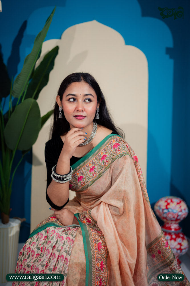 Cream Colour Ajrakh Printed Silk Saree