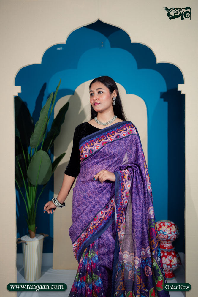 Purple Colour Ajrakh Printed Silk Saree