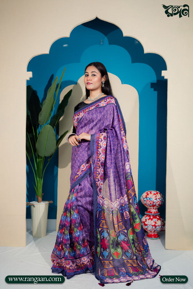 Purple Colour Ajrakh Printed Silk Saree