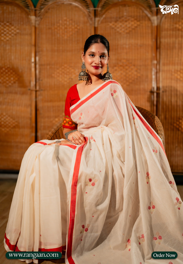 White & Red Handloom Mercerized Cotton Saree