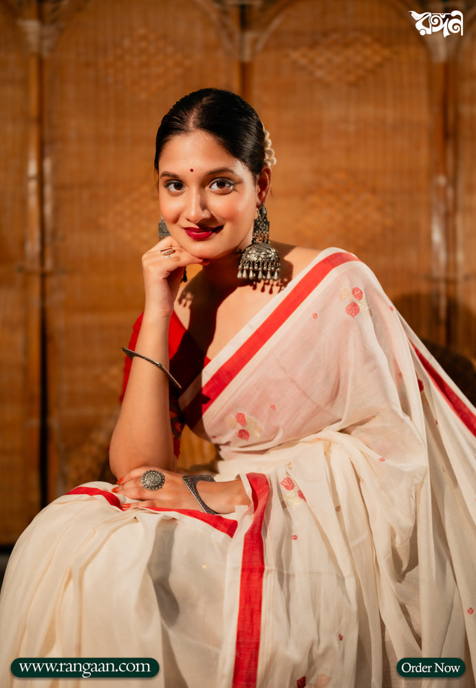 White & Red Handloom Mercerized Cotton Saree