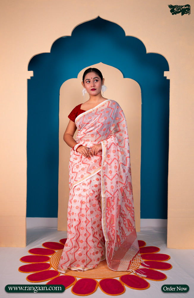 White & Red Handloom Half-Silk Saree